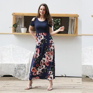 NWT STYLEWORD Navy Floral Summer Cold Shoulder Maxi Long Dress with Pocket XL